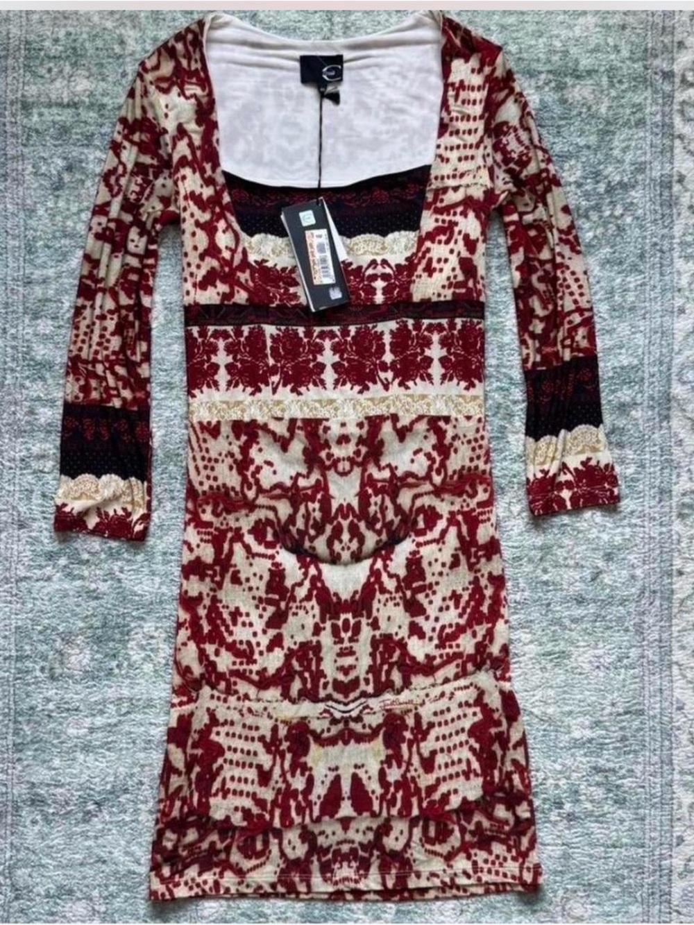 Just Cavalli NWT Vintage Women's Red and Cream Patterned Long Sleeve Dress
